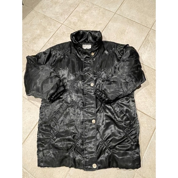 Vintage Gallery Black Long Down Filled‎ Puffer Coat Zip and Button Large - Picture 2 of 9